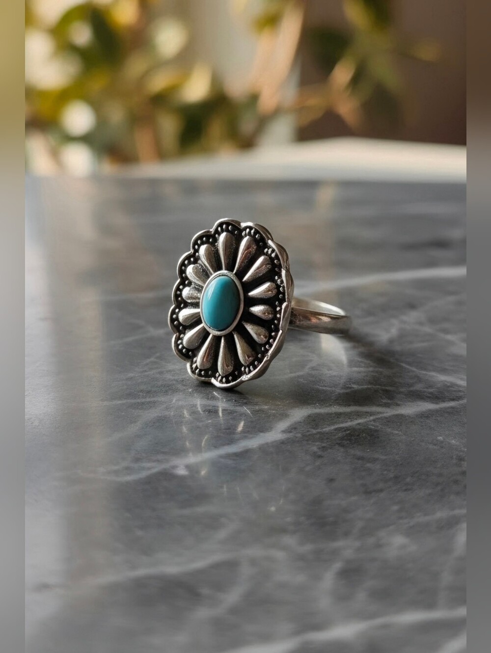 Turquoise Floral Silver Tone Ring - Size 6